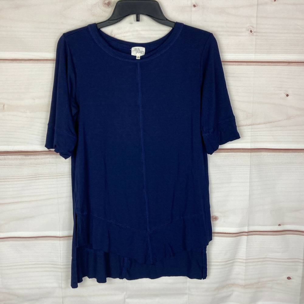 Ava James Top Womens Small Blue Seamed Hi-Low T-Shirt Solid Short Sleeve Knit